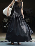 Momentlover Split-Joint Solid Color Pleated Sleeveless Loose Round-Neck Maxi Dresses