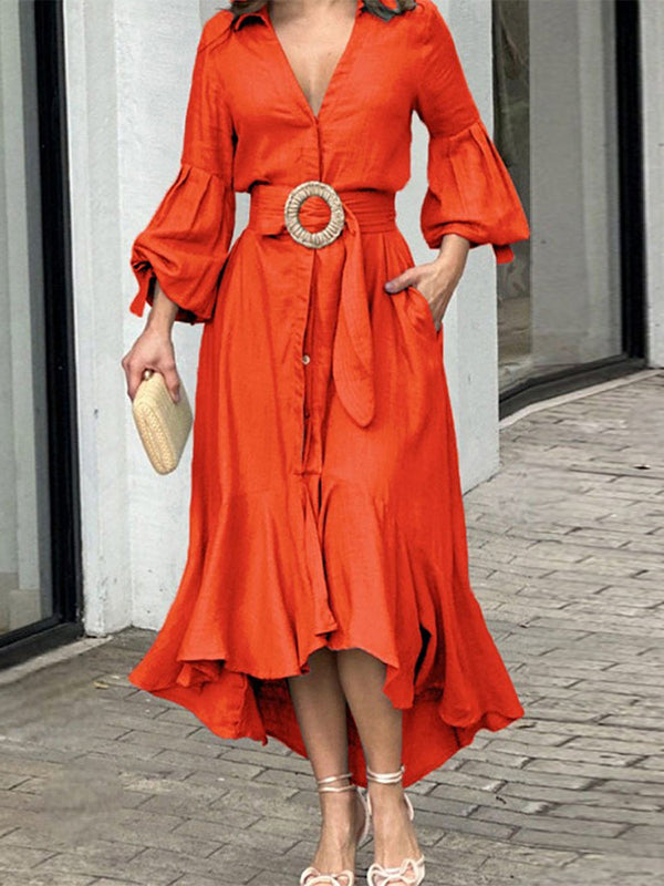 Momentlover Solid Color Pleated Puff Sleeves High-Low V-Neck Maxi Dresses