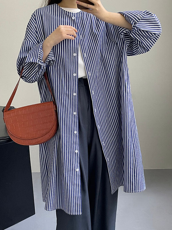 Momentlover Striped Raglan Sleeve Loose Round-Neck Shirt Dress Midi Dresses