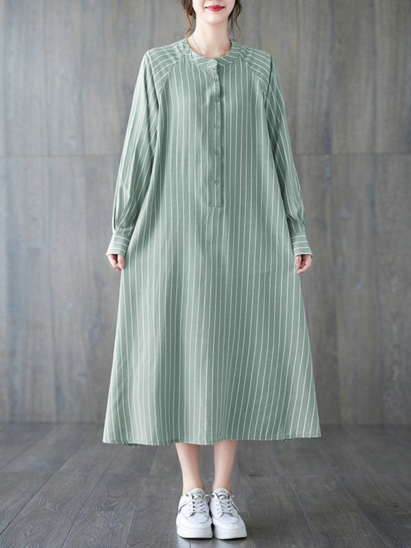 Momentlover Striped Split-Side Buttoned Loose Long Sleeves Round-Neck Shirt Dress Midi Dresses