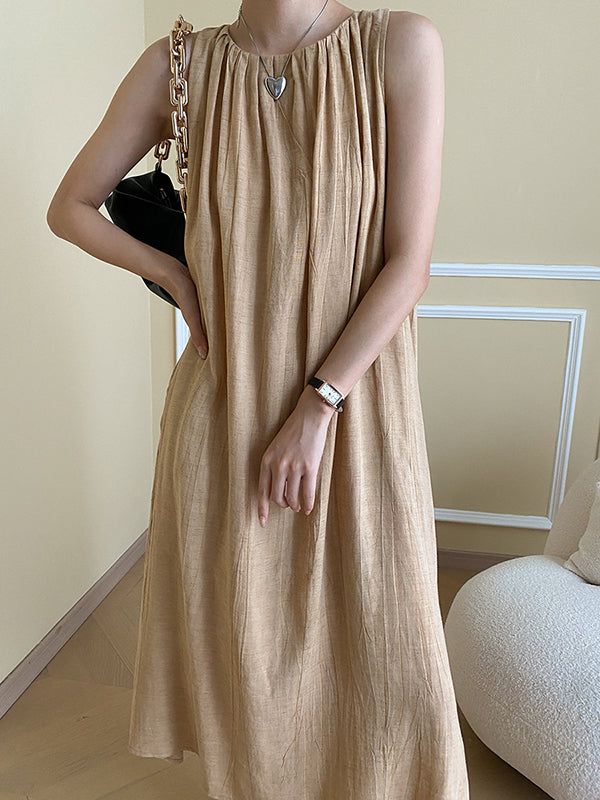 Momentlover Solid Color Pleated Sleeveless Loose Round-Neck Midi Dresses