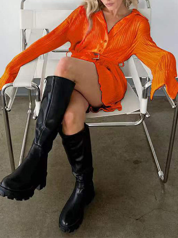 Momentlover Tied Waist Solid Color Pleated Buttoned Long Sleeves Lapel Shirt Dress Mini Dresses