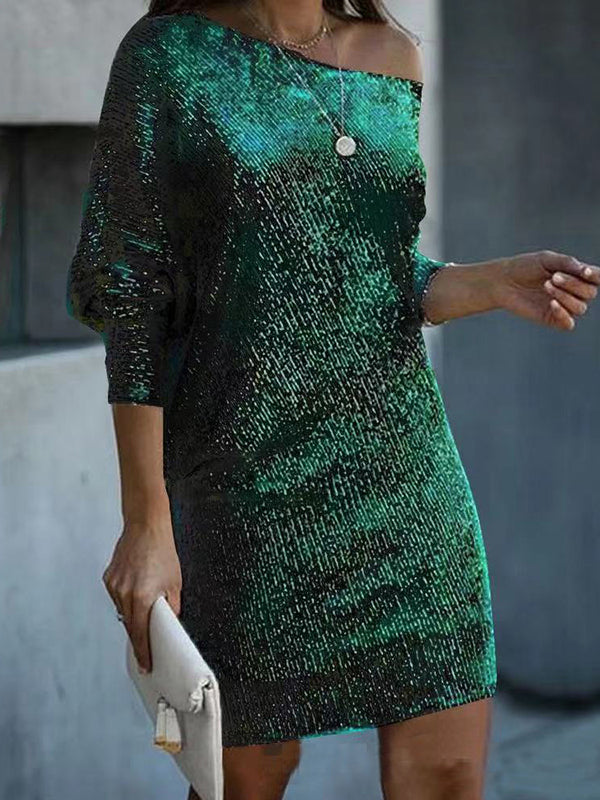 Momentlover Solid Color Sequined Asymmetric Three-Quarter Sleeves Puff Sleeves One-Shoulder Mini Dresses
