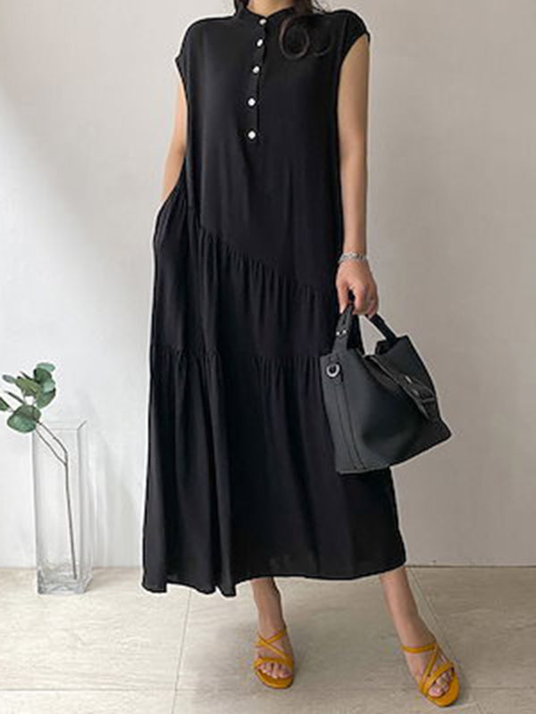 Momentlover Tiered Split-Joint Solid Color Ruffled Pleated Buttoned Sleeveless Loose Stand Collar Midi Dresses