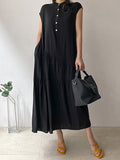 Momentlover Tiered Split-Joint Solid Color Ruffled Pleated Buttoned Sleeveless Loose Stand Collar Midi Dresses
