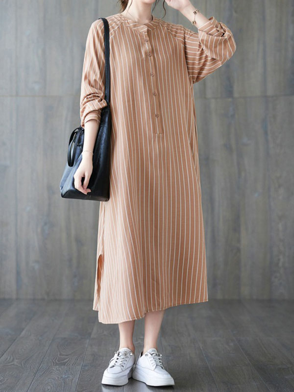 Momentlover Striped Split-Side Buttoned Loose Long Sleeves Round-Neck Shirt Dress Midi Dresses