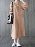 Momentlover Striped Split-Side Buttoned Loose Long Sleeves Round-Neck Shirt Dress Midi Dresses