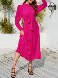 Momentlover Tied Waist Solid Color Pleated Hollow Long Sleeves High Waisted Mock Neck Midi Dresses