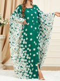 Momentlover Split-Front Muslim Flower Print Loose Batwing Sleeves Round-Neck Maxi Dresses