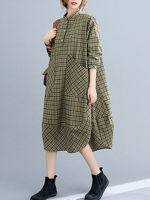 Momentlover Vintage Plaid Irregularity Shirt Dresses