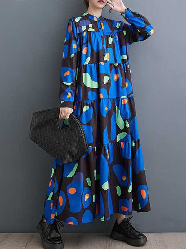 Momentlover Split-Joint Printed Pleated Buttoned Loose Long Sleeves Round-Neck Midi Dresses