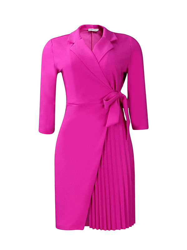 Momentlover Tied Waist Split-Front Solid Color Pleated Three-Quarter Sleeves V-Neck Mini Dresses