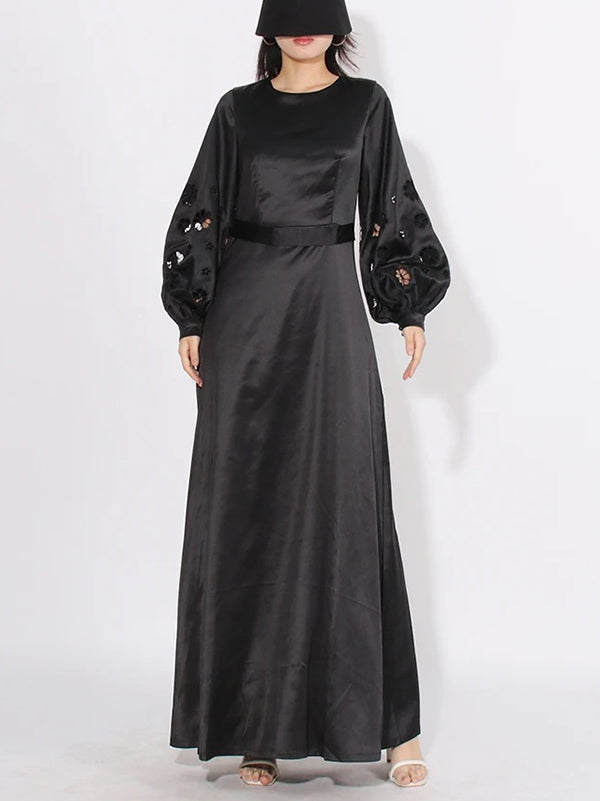 Momentlover Solid Color Hollow Puff Sleeves Loose Round-Neck Maxi Dresses