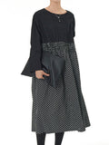 Momentlover Split-Joint Polka-Dot Pleated Elasticity Contrast Color Loose Long Sleeves Round-Neck Midi Dresses