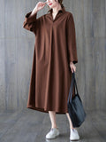 Momentlover Solid Color Buttoned Loose Long Sleeves V-Neck Shirt Dress Midi Dresses