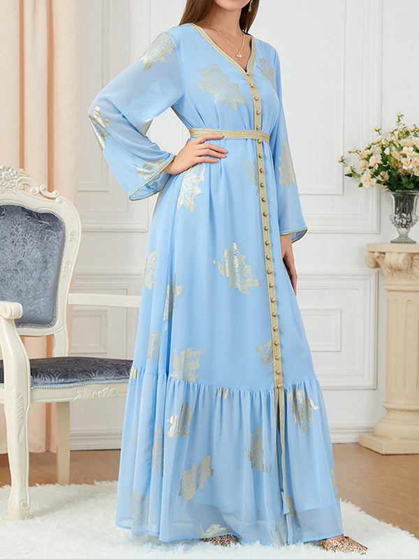 Momentlover Tied Waist Split-Joint Split-Front Printed Pleated Loose Long Sleeves V-Neck Maxi Dresses