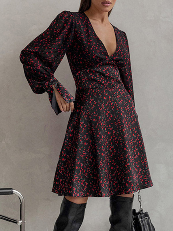 Momentlover Zipper Flower Print Long Sleeves High Waisted Deep V-Neck Mini Dresses