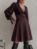 Momentlover Zipper Flower Print Long Sleeves High Waisted Deep V-Neck Mini Dresses
