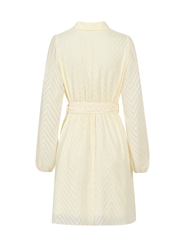 Momentlover Tied Waist Solid Color See-Through Long Sleeves A-Line V-Neck Mini Dresses