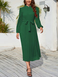 Momentlover Tied Waist Solid Color Pleated Hollow Long Sleeves High Waisted Mock Neck Midi Dresses