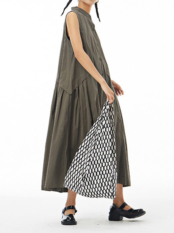 Momentlover Solid Color Pleated Sleeveless Loose Stand Collar Shirt Dress Midi Dresses