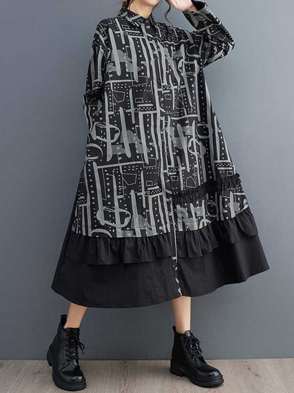 Momentlover Split-Joint Printed Buttoned Asymmetric Loose Long Sleeves Lapel Midi Dresses