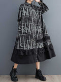 Momentlover Split-Joint Printed Buttoned Asymmetric Loose Long Sleeves Lapel Midi Dresses