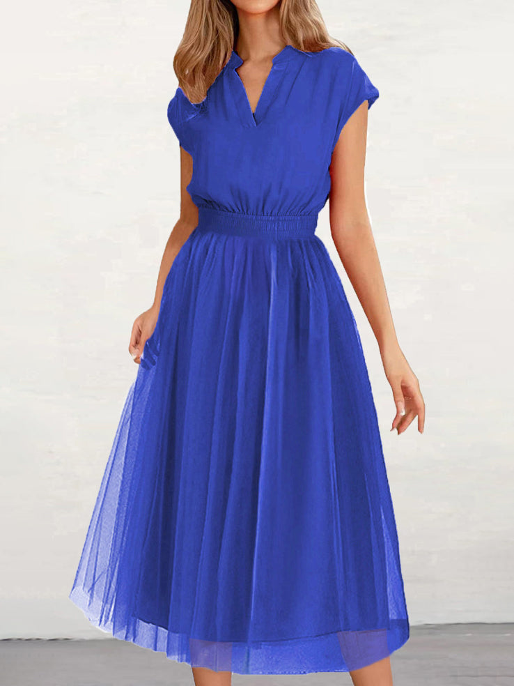 Momentlover Solid Color Short Sleeves Loose V-Neck Midi Dresses