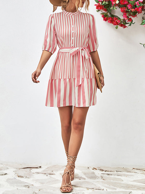 Momentlover Striped Buttoned Loose Half Sleeves Stand Collar Mini Dresses