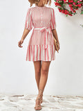 Momentlover Striped Buttoned Loose Half Sleeves Stand Collar Mini Dresses