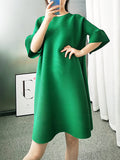 Momentlover Stylish Selection Flared Sleeves A-Line Pleated Solid Color Round-Neck Midi Dresses