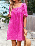 Momentlover Solid Color Jacquard Puff Sleeves Loose Square-neck Mini Dresses