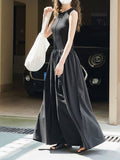 Momentlover Split-Joint Solid Color Pleated Sleeveless Loose Round-Neck Maxi Dresses