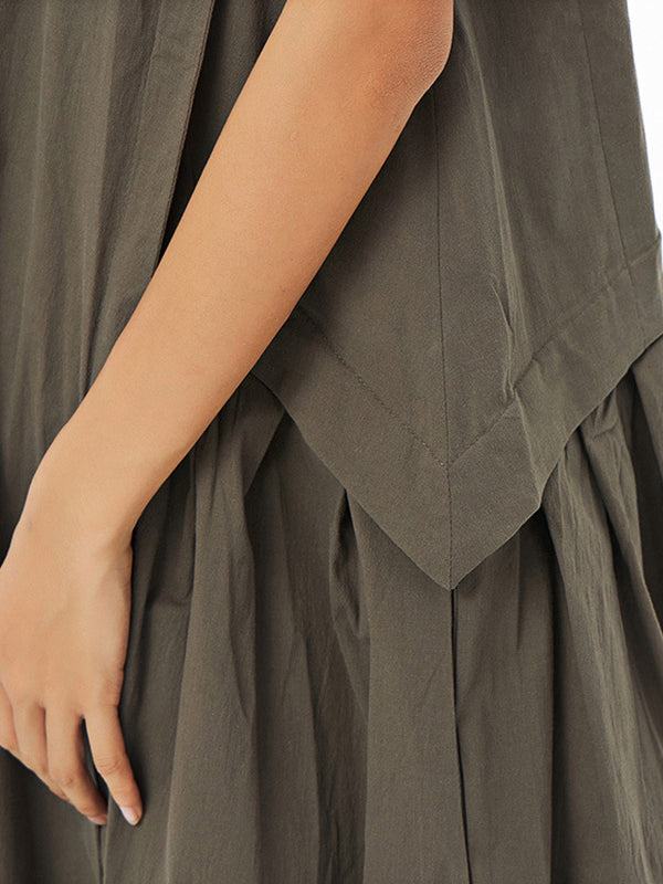 Momentlover Solid Color Pleated Sleeveless Loose Stand Collar Shirt Dress Midi Dresses