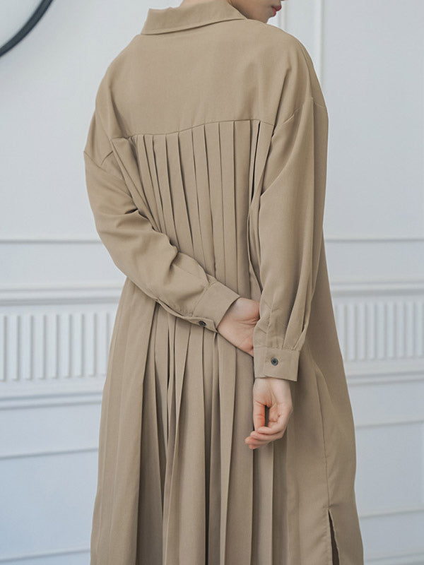 Momentlover Split-side Buttoned Three-quarter Sleeves Loose Lapel Shirt Dress Midi Dresses