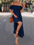 Momentlover Split-Joint Solid Color Pleated Elasticity Short Sleeves High Waisted Square-neck Midi Dresses