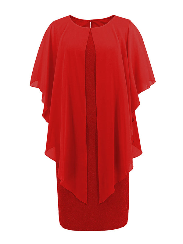 Momentlover Split-Joint Solid Color See-Through Gauze Loose Half Sleeves Mini Dresses