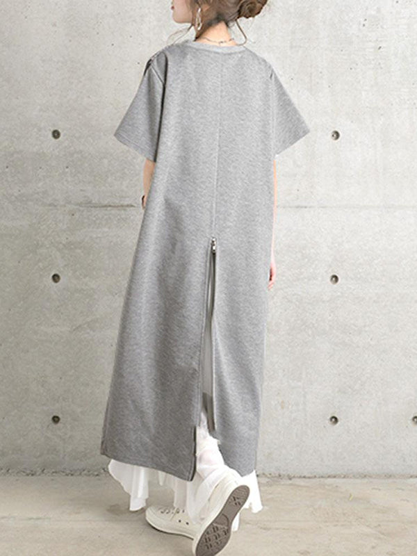 Momentlover Split-Joint Solid Color Pleated Short Sleeves Loose Round-Neck Midi Dresses