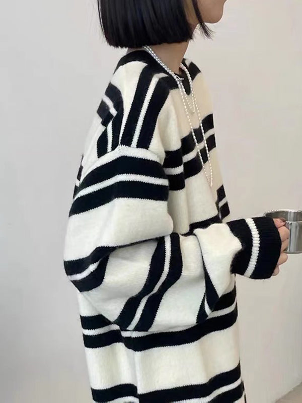 Momentlover Urban Loose Long Sleeves Striped Round-Neck Midi Dresses