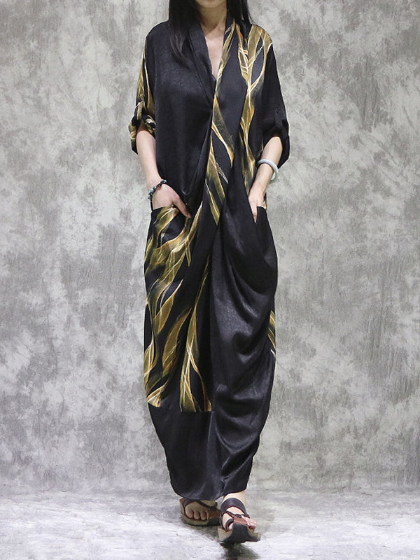 Momentlover Split-back Printed Pockets Loose Long Sleeves V-neck Maxi Dresses