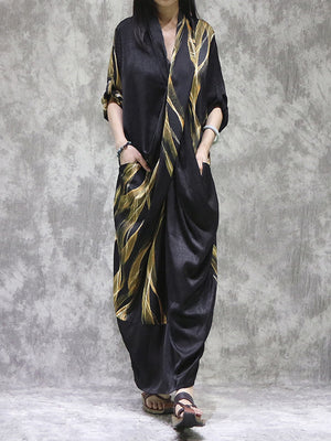 Momentlover Split-back Printed Pockets Loose Long Sleeves V-neck Maxi Dresses