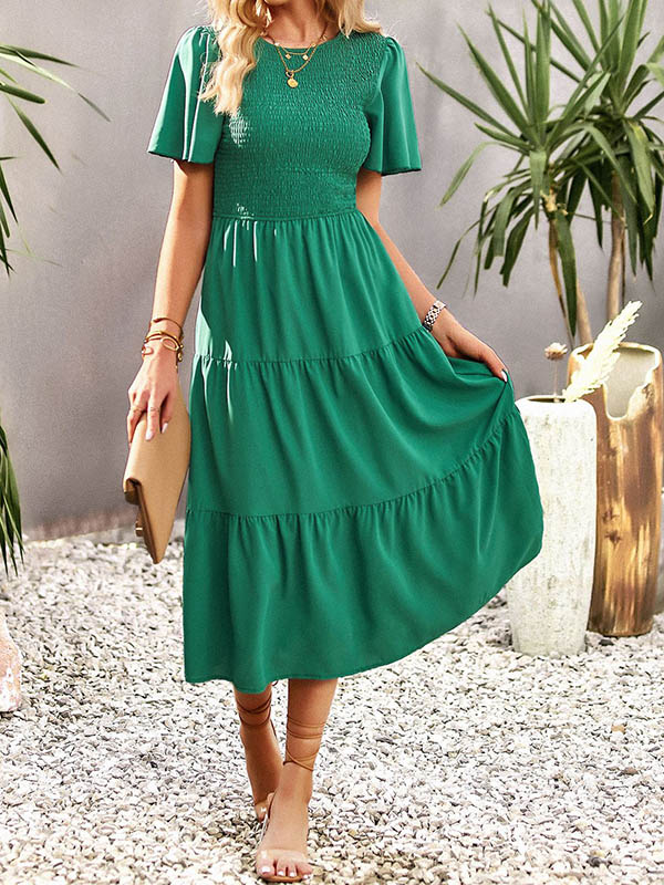 Momentlover Solid Color Elastics Short Sleeves Loose Round-neck Midi Dresses