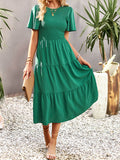 Momentlover Solid Color Elastics Short Sleeves Loose Round-neck Midi Dresses