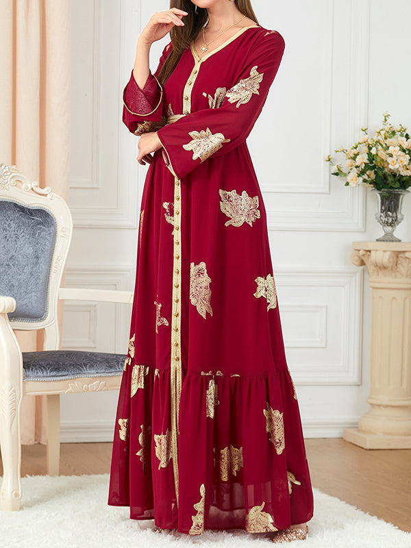 Momentlover Tied Waist Split-Joint Split-Front Printed Pleated Loose Long Sleeves V-Neck Maxi Dresses