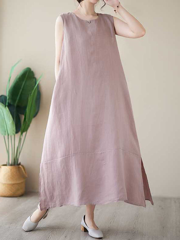 Momentlover Solid Color Sleeveless Loose Round-Neck Midi Dresses