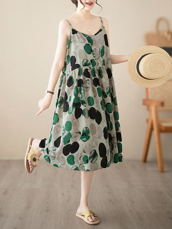 Momentlover Split-Joint Printed Pleated Sleeveless Loose Spaghetti-Neck Midi Dresses