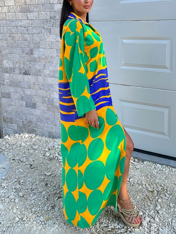 Momentlover Printed Buttoned Loose Long Sleeves Lapel Shirt Dress Maxi Dresses