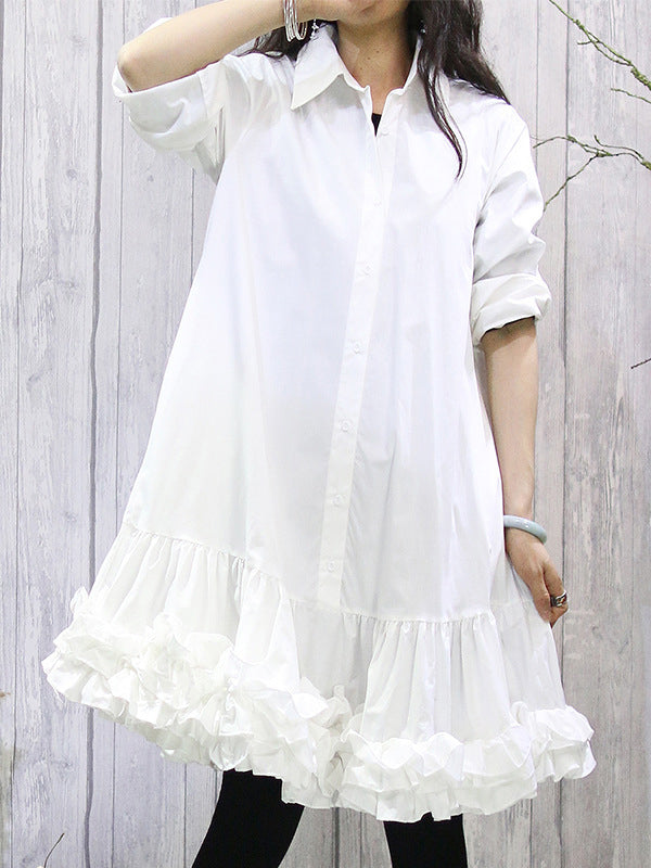 Momentlover Solid Color Ruffled Pleated Buttoned Loose Long Sleeves Lapel Shirt Dress Midi Dresses