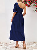 Momentlover Solid Color Puff Sleeves Loose One-Shoulder Midi Dresses