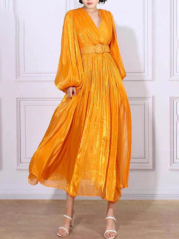 Momentlover Solid Color Pleated Belted Puff Sleeves Loose V-Neck Maxi Dresses